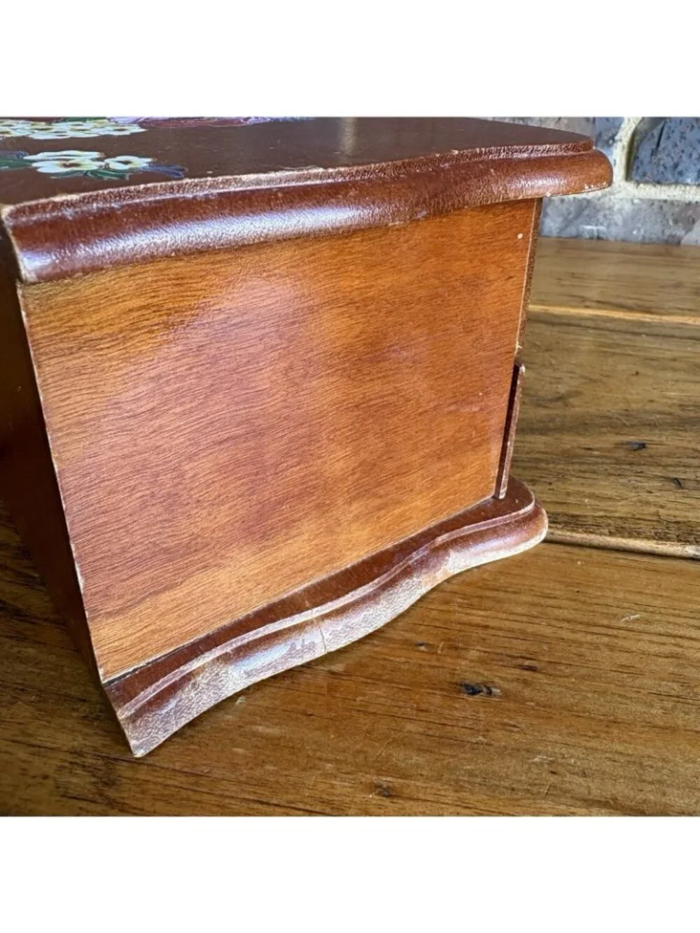 Vintage Small  Wooden Jewelry Box With Drawer Floral Decoupage Rub-on Transfer